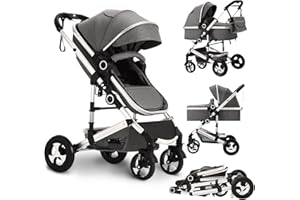 TODEFULL Convertible Baby Stroller, 3 in 1 Folding Infant Stroller, High Landscape Pushchair w/Adjustable Backrest & Canopy, Newborn Pram with Foot Cover, Storage Basket, Dark Grey
