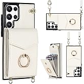 YYTVN for Samsung Galaxy S22 Ultra Case 5G 6.8 inch, Minimalist Wallet Case with Ring Kickstand and Shoulder Strap, Shockproof Stylish Protective Cover with Wrist Strap for Galaxy S22 Ultra -White