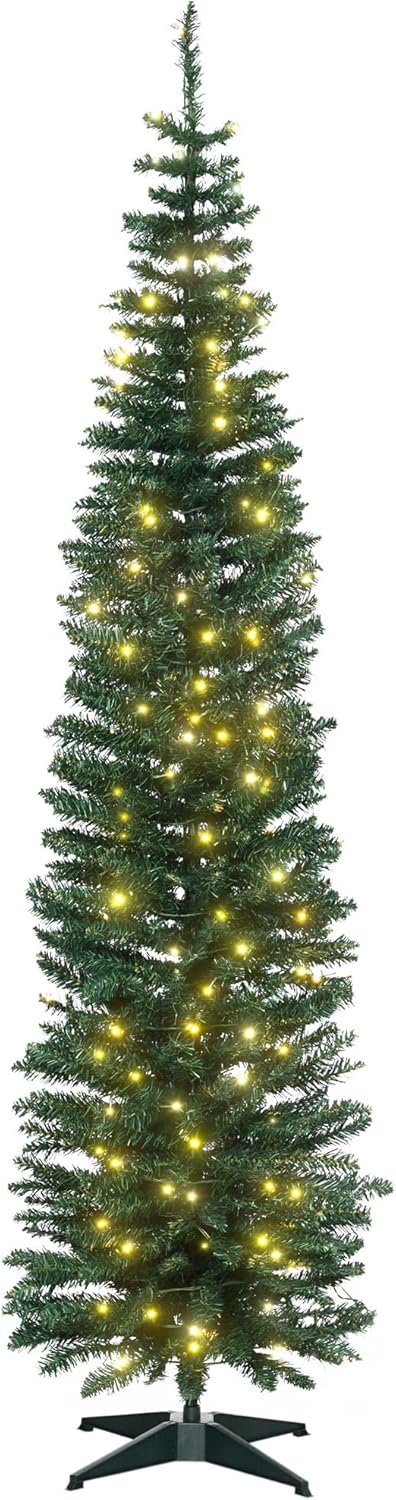 Trees - HOMCOM 7' Tall Pre-Lit Slim Noble Fir Artificial Christmas Tree with Realistic Branches, 200 Warm White LED Lights and 499 Tips, Green