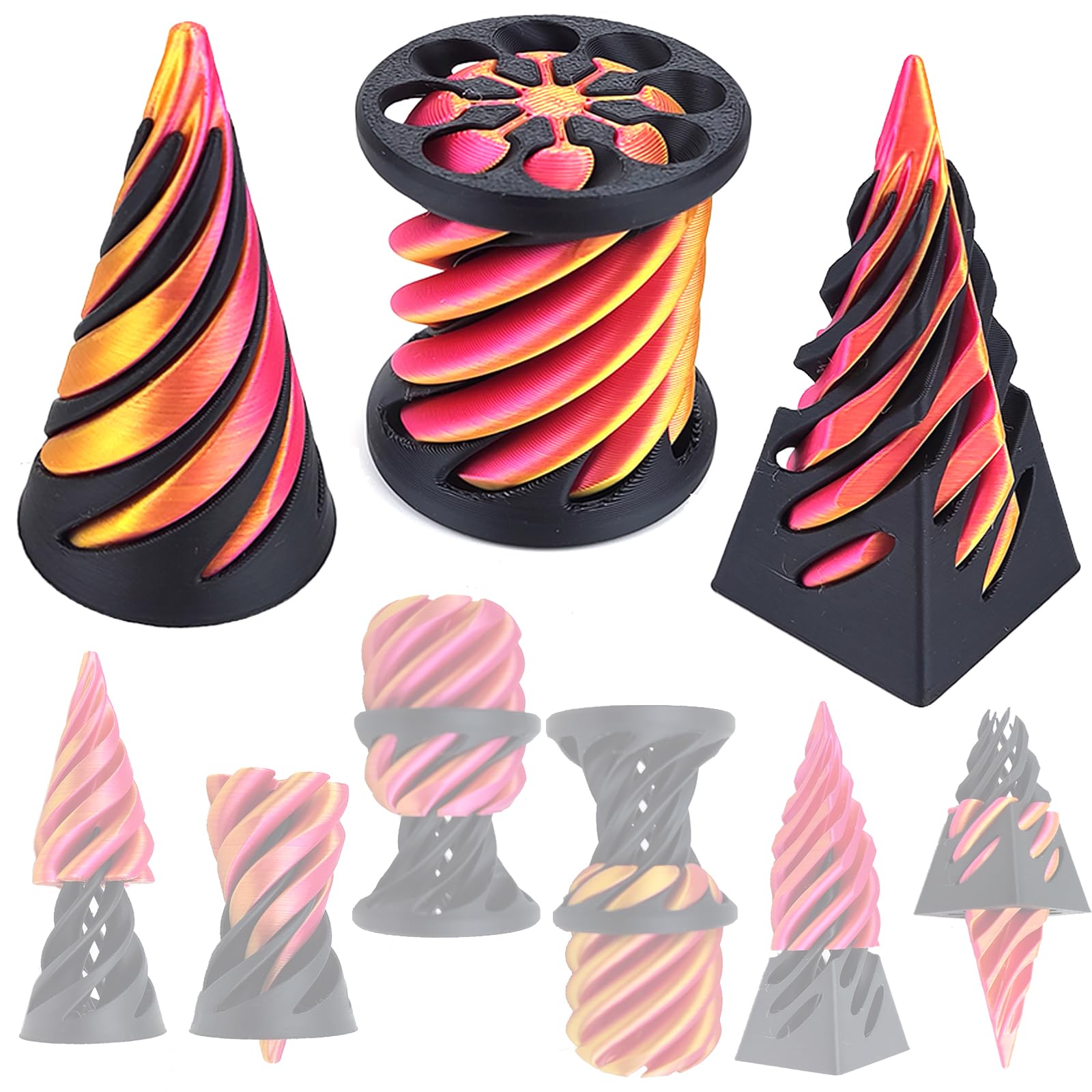 Jastown 3PCS the Impossible Cone Fidget Toys Set, 3D Printed Spiral Cone Fidget Toy & Pyramid Passthrough Sculpture, Stress Relief Toys for Anxiety,Desktop Decoration Gift for Kids & Adults