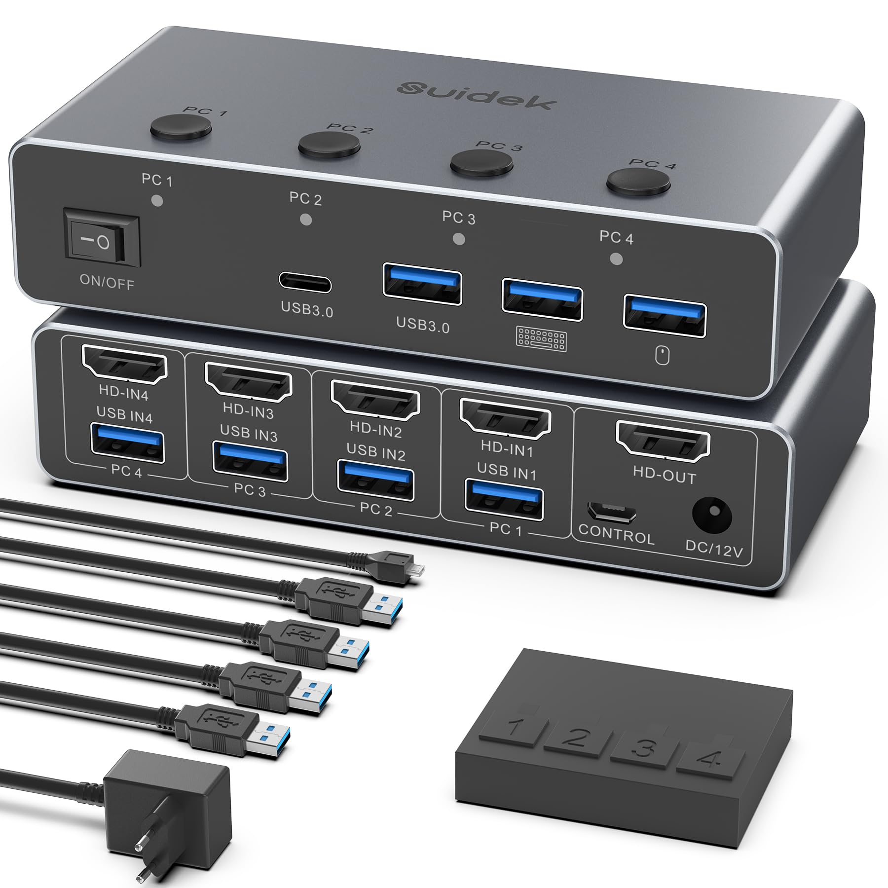 SUIDEK HDMI KVM Switch 4 PC 1 Monitor 8K@60Hz/4K@144Hz, KVM 4 in 1 out