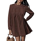 Athlisan Women's 2025 Fall Mini Dress Long Sleeve Faux Suede Lace Patchwork Babydoll A-Line Swing Dress with Pockets