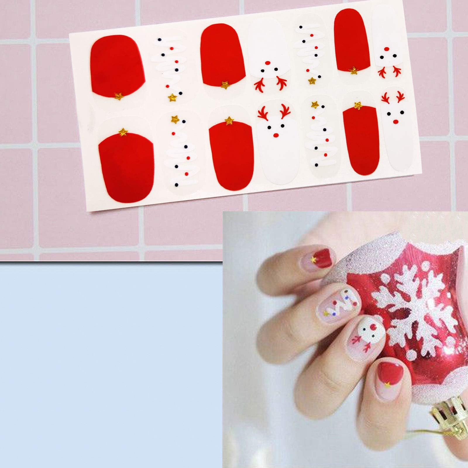 6 Sheets Christmas Manicure Full Nail Wraps Art Polish Stickers Decal Solid Color Strips Adhesive False Nail Design Manicure Set with 1Pc Nail Buffers Files for Women Girls-Christmas Style