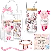 Roshtia 6 Pcs Axolotl Gift Set Straw Glass Cute Crochet with Card Pink Bracelet Card Bag Inspirational Pink for Girlfriend Axolotl Lovers Friends Bestie Birthday Gifts