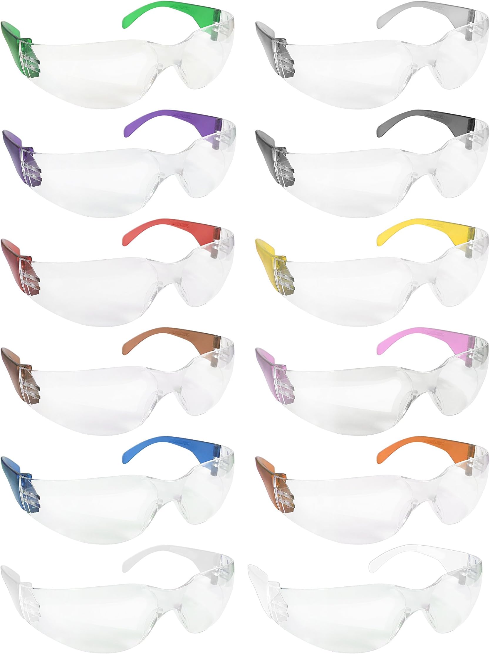 BISON LIFE Clear Lens Color Temple Safety Glasses | One Size, Adult, Teen, Youth, Clear Protective Polycarbonate Lens Color Temple Variety Pack, 12 Colors per Box (1 box)