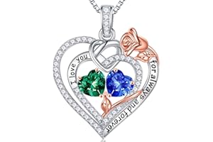 Iefil Rose Heart Necklace Gifts for Wife Women - 925 Sterling Silver Double Birthstone Necklace, Anniversary Birthday Gifts for Women, Jewelry Gifts for Wife Girlfriend Mom Her