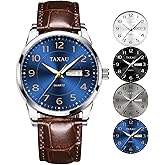 Taxau Men Dress Watch Waterproof Leather Watches for Men with Day Date Luxury Large Arabic Numerals Analog Quartz Classic Leather Watch Easy Read relojes para Hombres