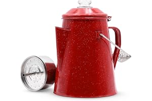 WILD Deluxe Camping Percolator Coffee Pot - Glazed Enamel Finish - Stainless Steel Internal Components - Hanging Handle - Clearview Glass Top - 10 Cups
