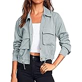 Onedreamer Women's Military Safari Cropped Jackets Button Down Lightweight Oversized Utility Anorak Coat with Pockets