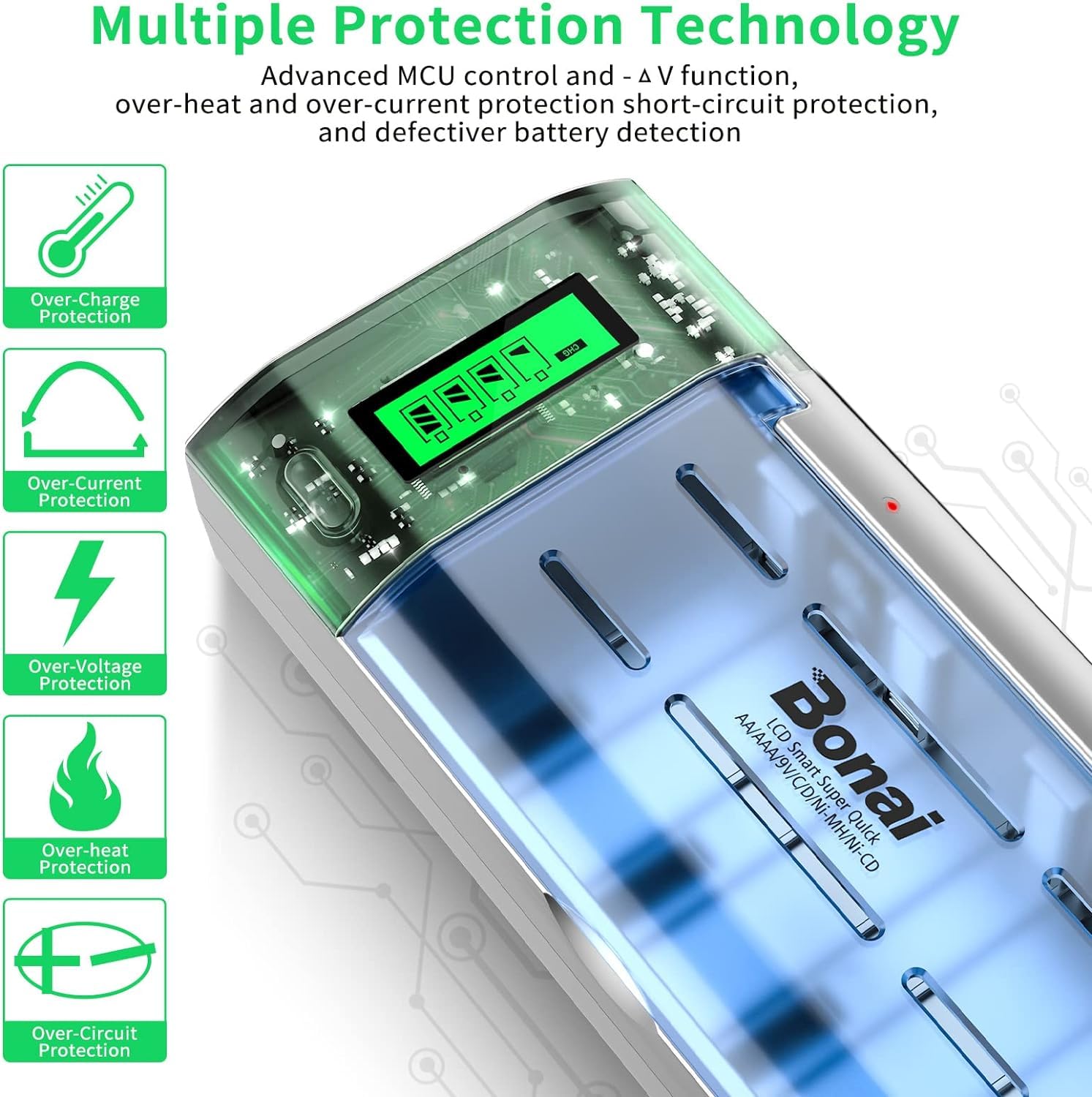 Akku Ladegerät LCD Universal Batterieladegerät Schnell Akkuladegerät, BONAI Intelligent Battery Charger für AA/AAA/SC/C/D NI-MH Wiederaufladbare Batterien mit Entladungsfunktion 4