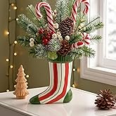 DIF DECO Ceramic Christmas Sock Vase, Height 8 inch Unique Festival Decoration for Indoor Holiday Party Xmas Vase Centerpiece Decor for Home/Holiday/Weddings/Party Table Flower(Stripes)