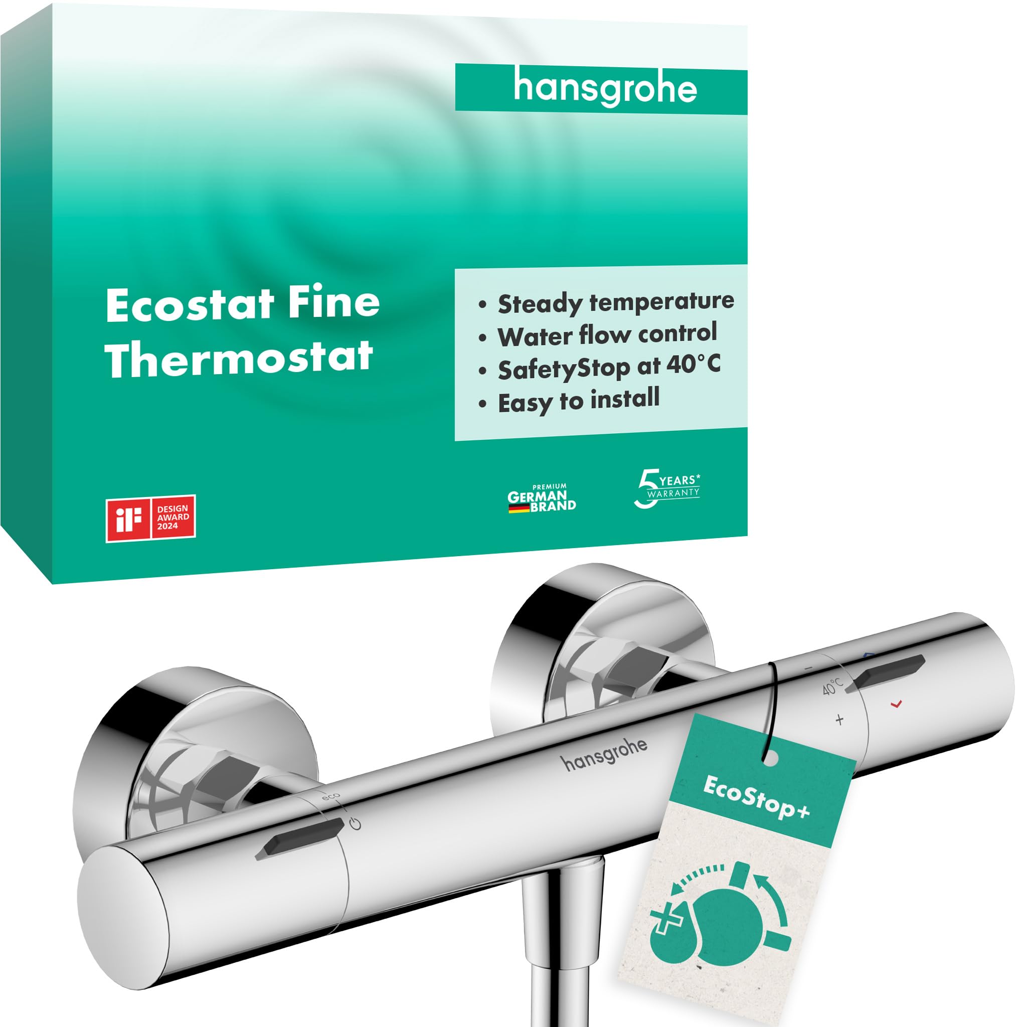 hansgrohe Ecostat Fine - Shower Thermostat Exposed with EcoStop+, Thermostatic Shower Mixer with Safety Stop at 40 °C, Thermostat for Showers, Mixer tap for 1 Function, Chrome, 13324000
