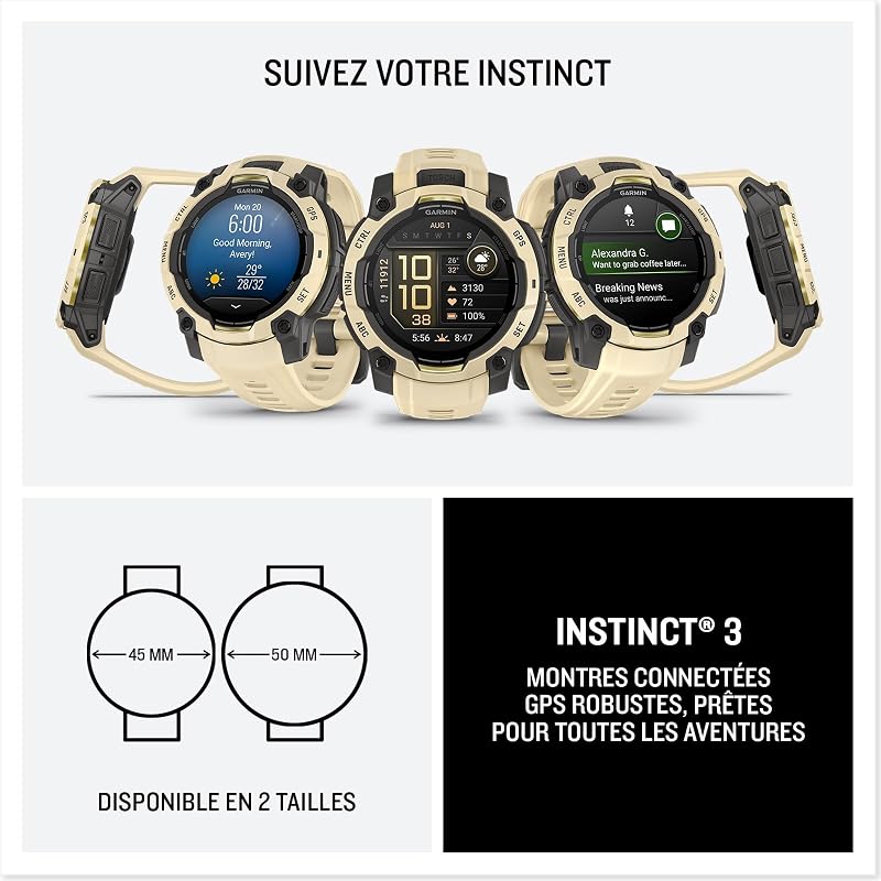 Instinct 3, AMOLED (édition limitée) - Montre GPS Robuste et connectée – Sable avec Bracelet Silicone Sable - Boîtier 45 mm