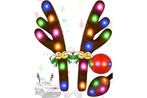 DERGO Christmas Reindeer Antlers Car Decoration Kit, LED Multicolor Lights Nose Vehicle with Jingle Bells Rudolph, Auto Holiday Accessories for SUV Van Truck Decor
