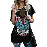 Karlywindow Womens Short Sleeve Graphic Tees Distressed Hawk Print Mesh V Neck Loose Sexy T-Shirt Tops