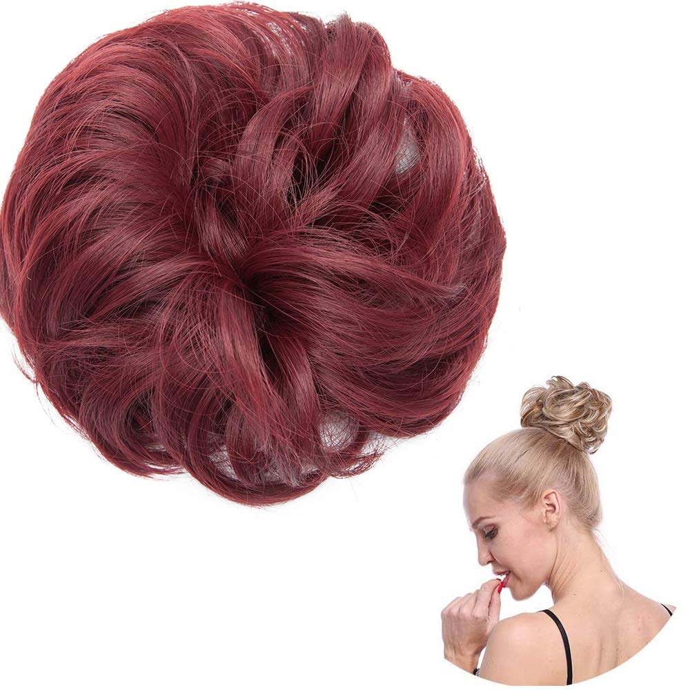 Thick Donut Scrunchie Bun Updo Hairpiece Scrunchy Wavy Curly Messy Hair Ribbon Chignons Ponytail Extension [Wine Red]