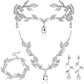Sasylvia Wedding Jewelry Set for Women, Rhinestone Leaf Tiara Headband Crown Necklace Earrings Bracelet for Women