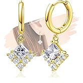 Sterling Silver Hoop Dangle Earrings for Women Hypoallergenic Sparkly Cubic Zirconia Hoop Earrings with Dangle Square Lightweight Classic CZ Small Loop Dangling Earring with Charms Gifts