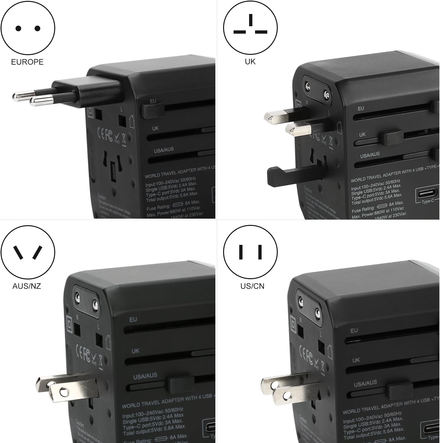 EPICKA Universal Travel Adapter One International Wall Charger AC Plug Adaptor with 5.6A Smart Power and and 3.0A USB Type-C for USA EU UK AUS - - 