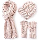 Villand 3 in 1 Womens Wool Hat Gloves & Scarf Winter Set, 3 Piece Cable Knitted Beanie Hat for Women with Gift Box