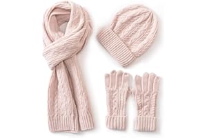 Villand 3 in 1 Womens Wool Hat Gloves & Scarf Winter Set, 3 Piece Cable Knitted Beanie Hat for Women with Gift Box