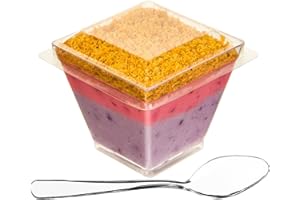 DLux 100 x 2 oz Mini Dessert Cups with Spoons and Lids, Square Short - Clear Plastic Parfait Appetizer Cup - Small Reusable S