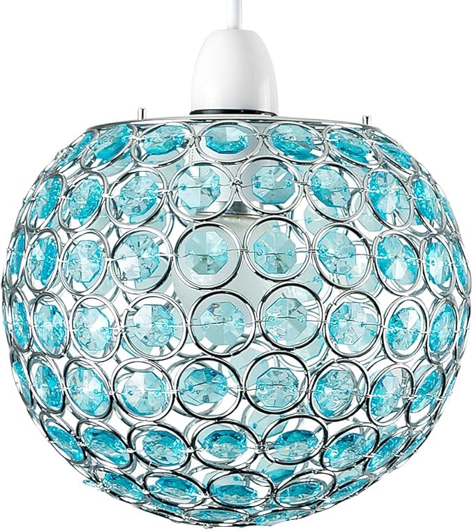 Modern Chrome Globe Ceiling Light Shade with Teal Acrylic Crystal