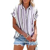 Aoudery Womens Button Down Shirts Short Sleeve Summer Linen V Neck Collared Stripes Casual Blouses Tops with Pocket-Blue&Navy_Stripes 2XL