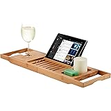 Premium Bamboo Bathtub Tray Caddy - Expandable Wood Bath Tray with Book/Tablat Holder, Wine Glass Slot- Gift Idea for Loved O