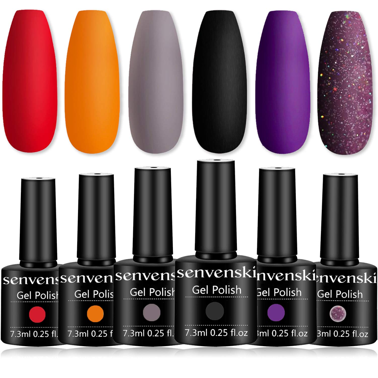 Senvenski Halloween Gel Nail Polish Kit - UV/LED Nail Art Set with Grey Black Purple Wine Red Maroon Orange Coral Lavender Glitter Colours | Manicure Gift Kit for Women, Salon Home Use(CS6-032)