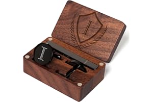 PROPHET CLUE PC Mens Initial Cufflinks and Tie Clip A-Z Alphabet Letter Black Stainless Cuff Links Tie Bar with Engraved Walnut Wood Box Groom Groomsman Wedding Set