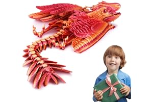 KLURSY 2024 New 3D Printed Dragon with Wings, 3D Printed Feathered Wyven Dragon Toy Articulated Miniature Dragon Statues and Figurines Office Desk Pet Novel Toy Gift for Kids or Friends! (Laser Gold Red)
