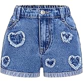 WDIRARA Girl's Heart Patch High Waisted Jean Shorts Elastic Waist Y2k Casual Denim Shorts