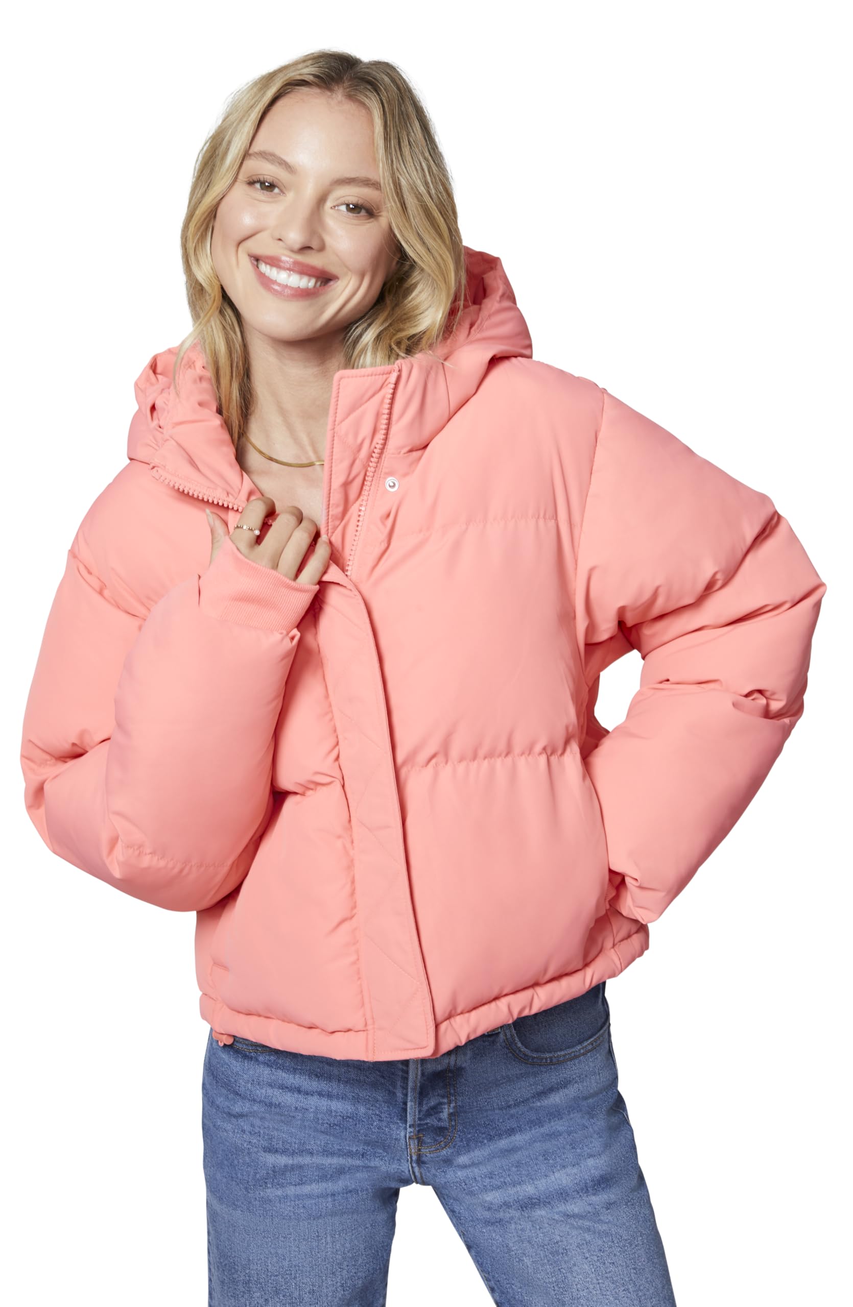 Photo 1 of florence by mills Women's Fluffy Snuggle Collection Short Hooded Puffer Coat, Strawberry Ice, XX-Small