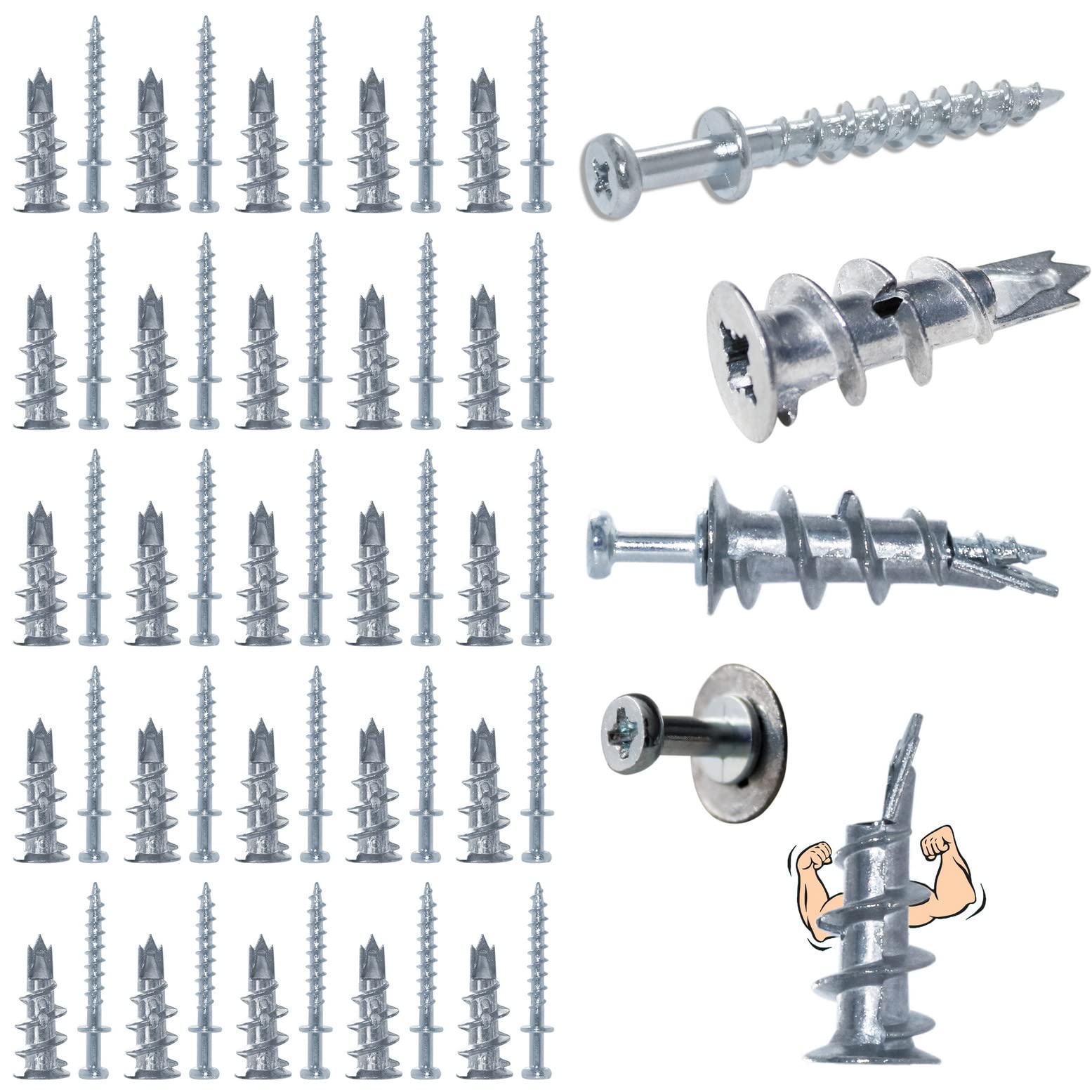 laffeya Bear Claw Double Headed Screw & #8 Self Drilling Drywall Anchors, Picture Hangers kit- 25 Bear Claw Screws, 25 Self-Tapping Drywall Anchors (25, Silver) — image 1