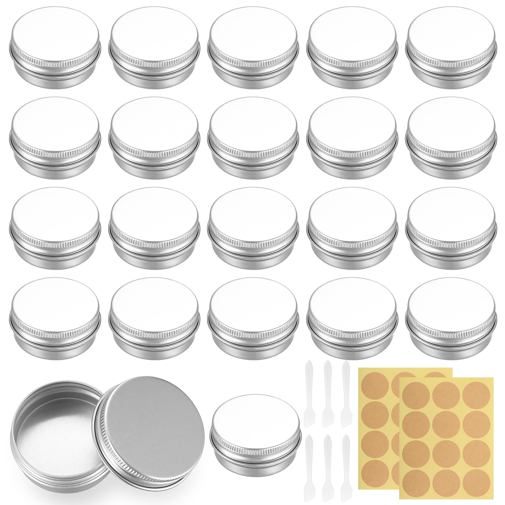 22 Pcs Aluminium Tin Jars with Screw Lids, 15ml Lip Balm Tins with Lids, Sample Pots for Cosmetics, Round Metal Empty Cosmetic Container Pots for Cream Candles Lotion, with 24 Labels, 6 Scraper