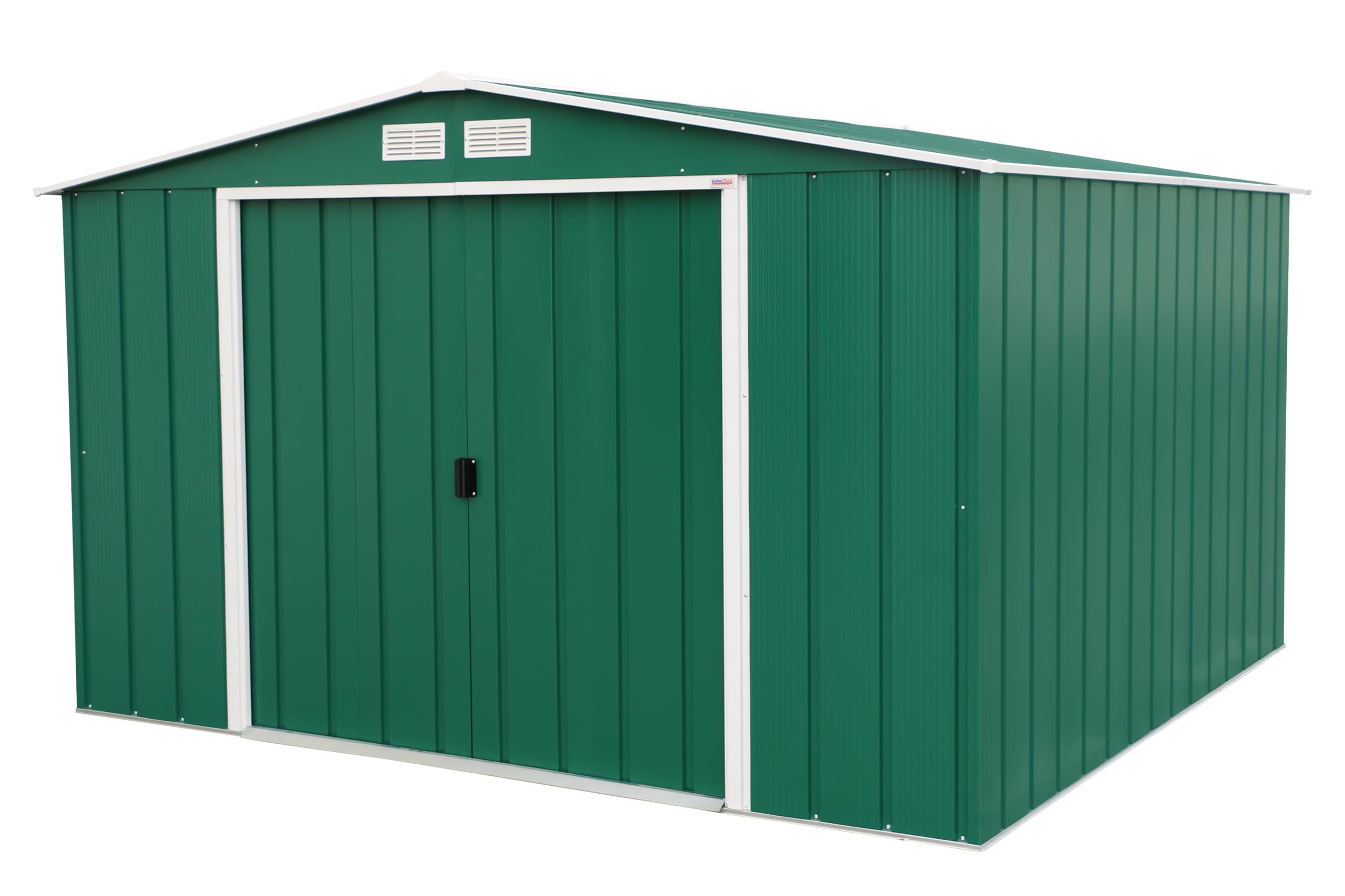 Duramax ECO 10' x 10' Hot-Dipped Galvanized Metal Garden Shed - Green with Off-White Trimmings - 15 Years Warranty