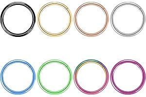 BOGKU 8pcs Titanium Nose Ring Hoops Septum Hinged Nose Rings 20G 18G 16G Diameter 6mm-10mm Black/Silver/Gold/Rose Gold/Pink/Blue/Green/Rainbow Cartilage Conch Helix Rook Hoop Earrings