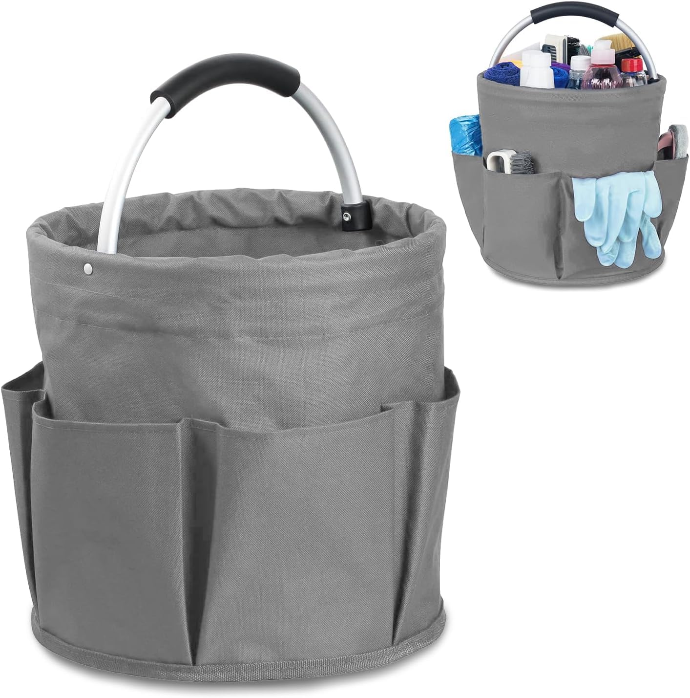 Esteopt Cleaning Caddy with Handle,Tool Bag with Handle,Cleaning Caddy Organiser,17L Bucket Tool Organizer Bag,Collapsible Garden Small Tools Bag,cleaning hamper basket,Multi pocket Craft (Grey)