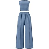 ZESICA Women's 2026 Summer 2 Piece Vacation Outfits Strapless Crop Tube Tops and Wide Leg Pants Travel Matching Sets