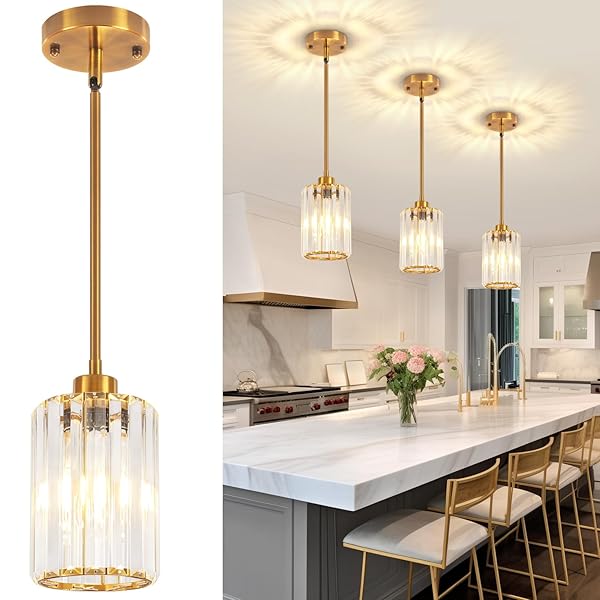 3 PACK BRUSHED GOLD PENDANT LIGHTS KITCHEN ISLAND, MODERN CRYSTAL PENDANT LIGHTING OVER ISLAND KITCHEN LIGHT FIXTURES HALLWAY CEILING LIGHTS ADJUSTABLE HANGING PENDANT LIGHT FOR BATHROOM FOYER