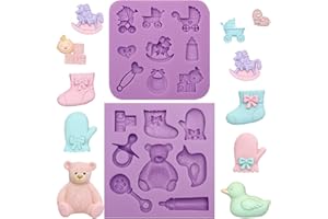 Acvcatto Shower Silicone Molds, 2 Pack, Rocking Horse Teddy Bear Fondant Molds, Bottle Stroller Chocolate Mold for DIY Candy 