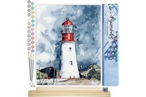 Figured'Art Paint by Numbers Kit for Adults Lighthouse Under a Cloudy Sky 16"x20" - Craft Art Painting Rolled Canvas with DIY Wooden Frame