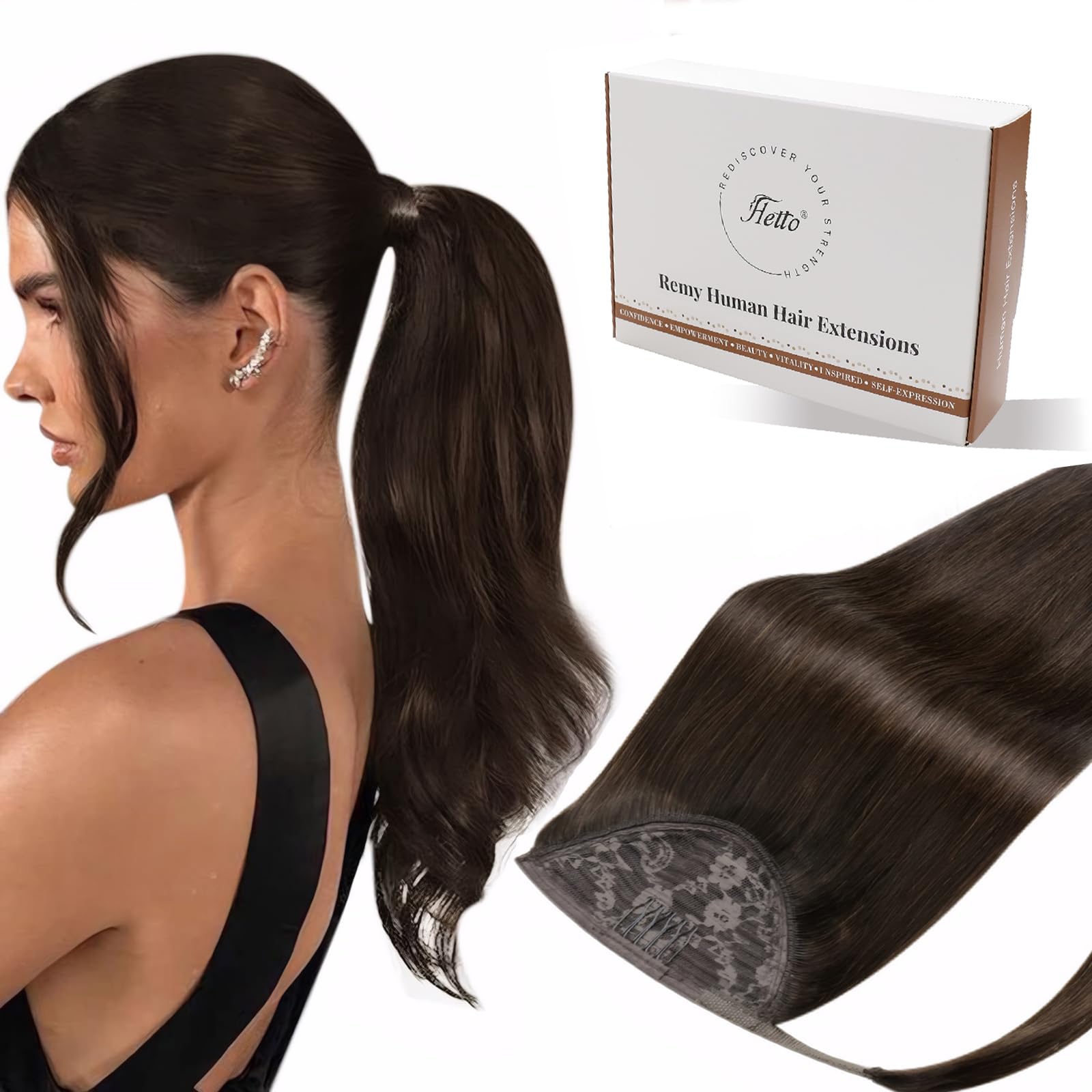 Hetto Hair Extension Ponytail Human Hair Brown 16 Inch Clip in Ponytail Hair Extensions Wrap Around Real Hair Ponytail Extension Straight for Quick Hairstyles 80g #4 — image 1