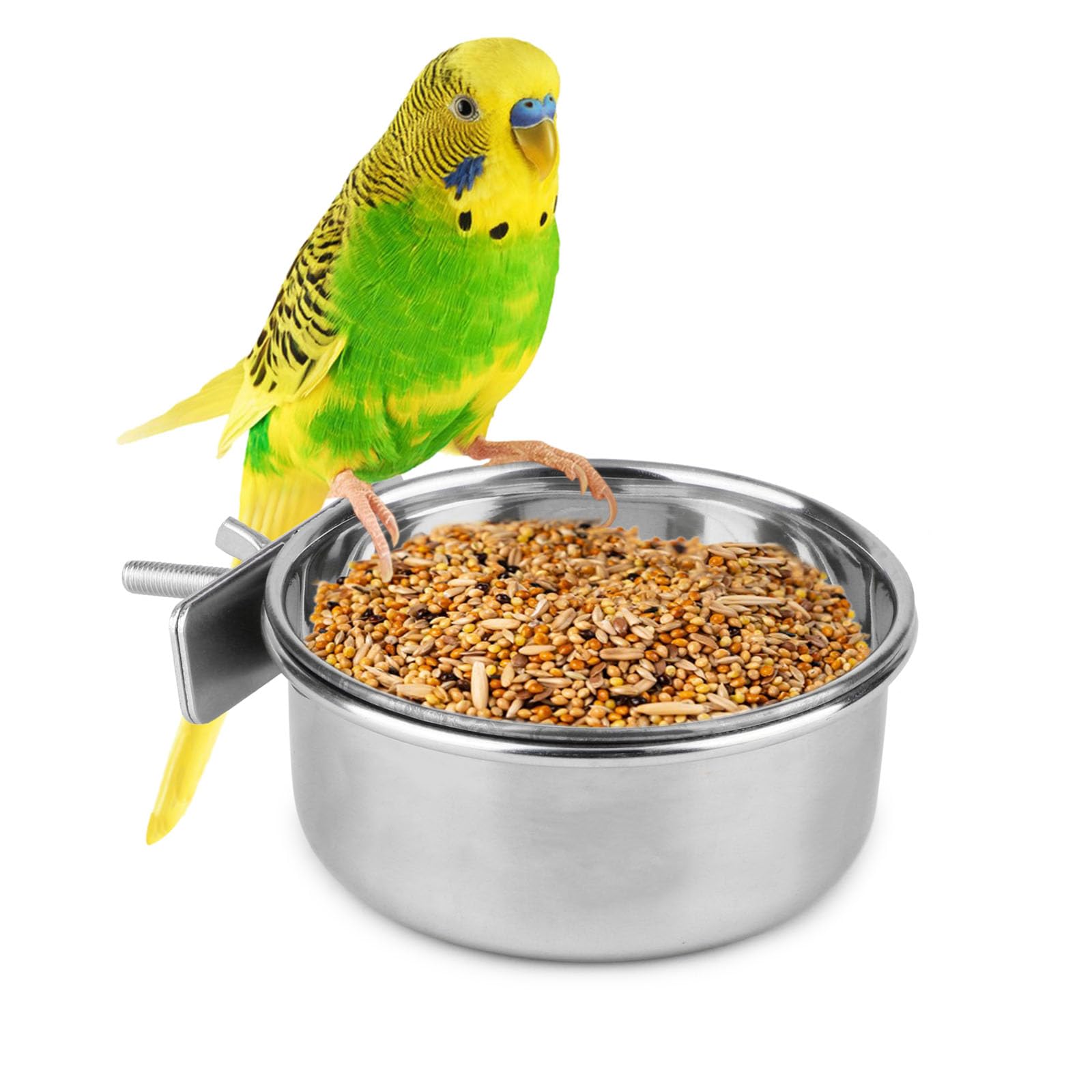 Pet Bird Food Feeding and Drinking Hanging Cup Clamp Holder Stainless Steel Hanging Bowl for Parrot Macaw African Greys Budgies Parakeet Cockatiels Conure Lovebirds Finch Pigeon Cage