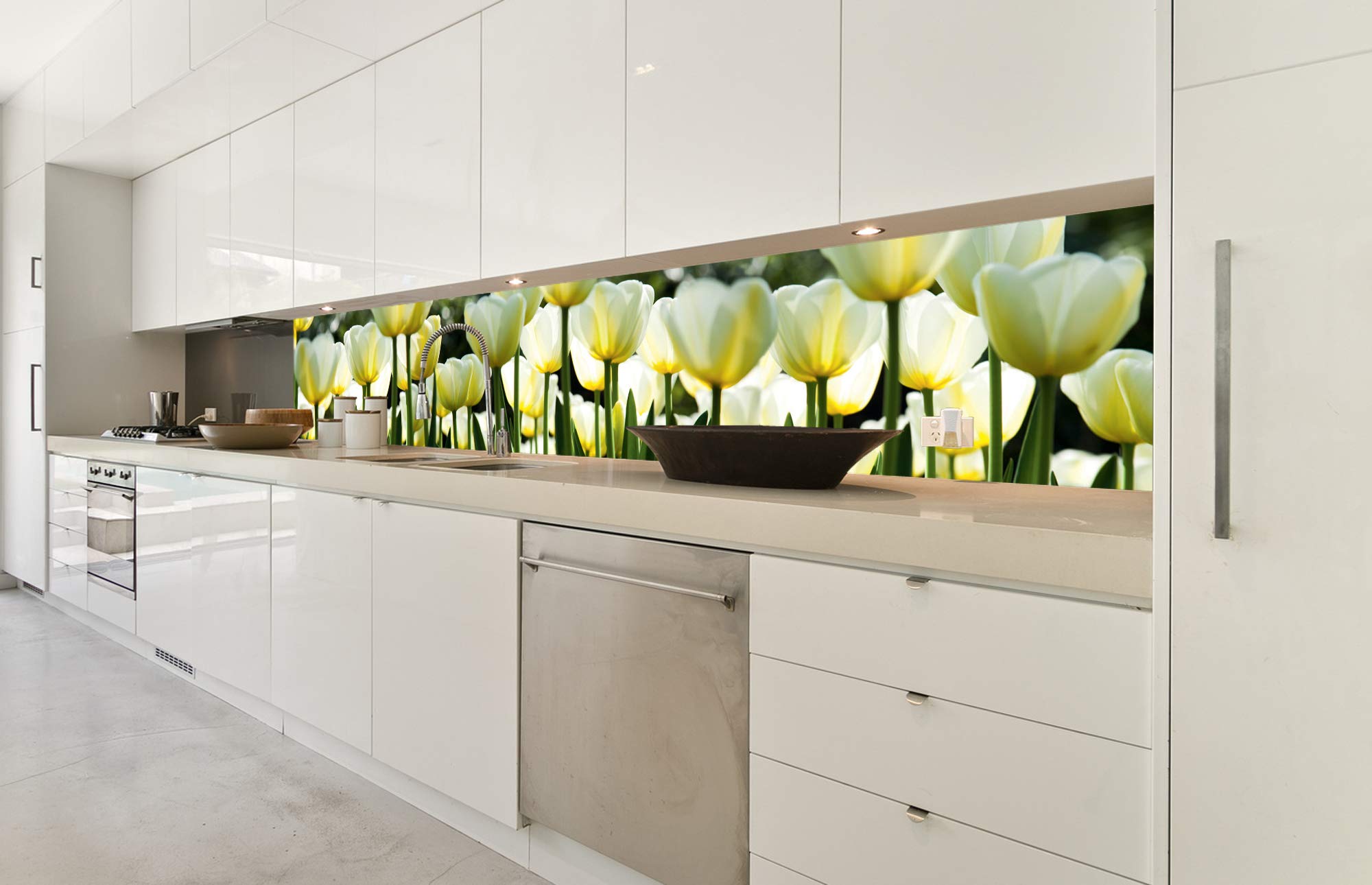 DIMEX LINE Peel and Stick Kitchen Backsplash Sticker White Tulips | Waterproof Decorative Wall Foil for Kitchen | Made in EU - 350.01 × 60.00 cm