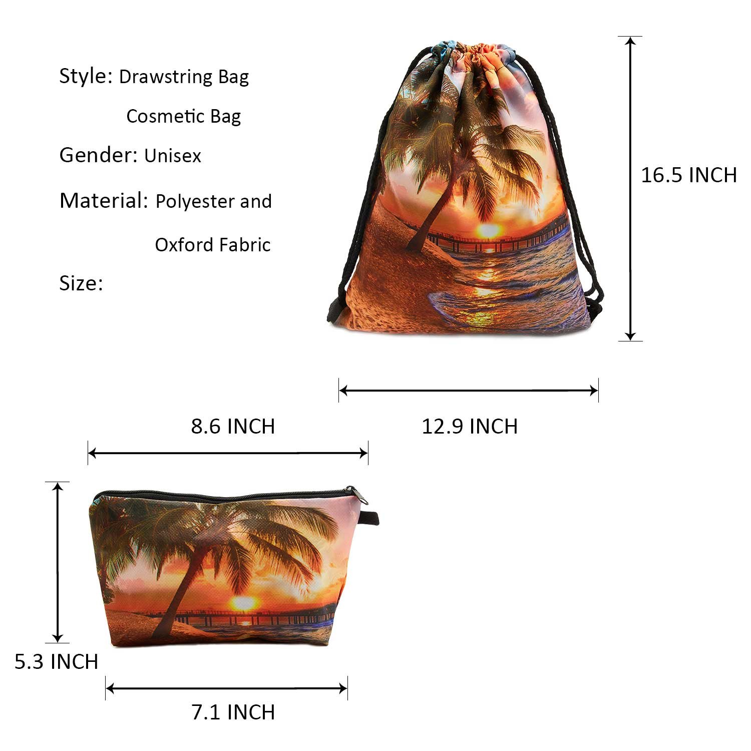 TUONROAD Travel Portable Travel Backpack Cute Cosmetic Pouch Storage 3D Pattern Summer Vacation Beach Theme Sunset Palm Tree the Setting Sun Cool Cinch Bags Zipper Handy Cosmetic Pouch