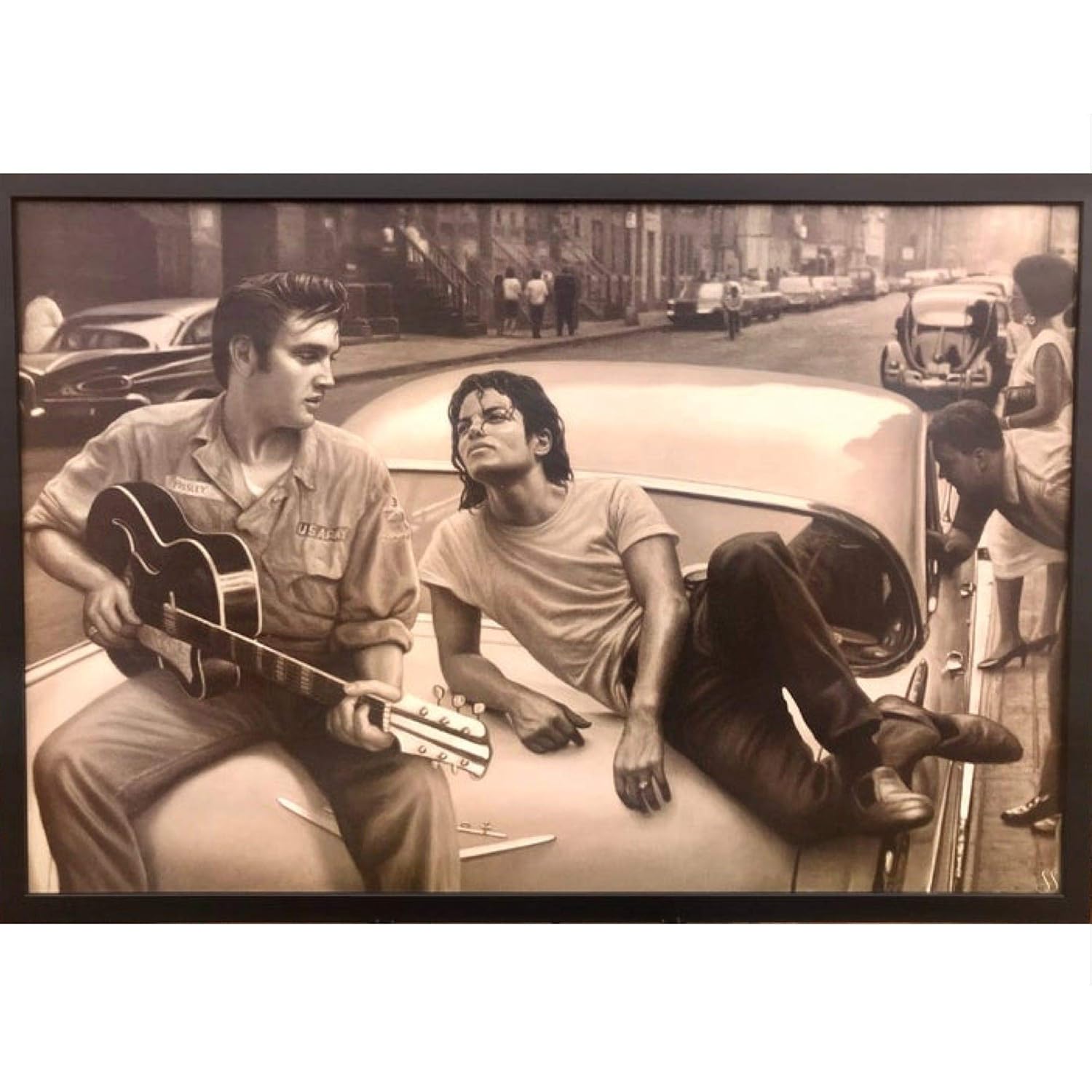Elvis Presley Michael Jackson 50s Car Wall Art Decor Framed Poster King Of Pop Rock Music Legends 26x38 Canvas Like Textured Vintage Iconic Photo Memorabilia Gifts For