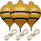 Traditional Wooden Spinning Tops &ndash; Handcrafted Set of 3 Trompos with Metal Tip, Artisan Painted Finish &amp; Strings &ndash; Includes Premium Storage Bag (Natural Classic)
