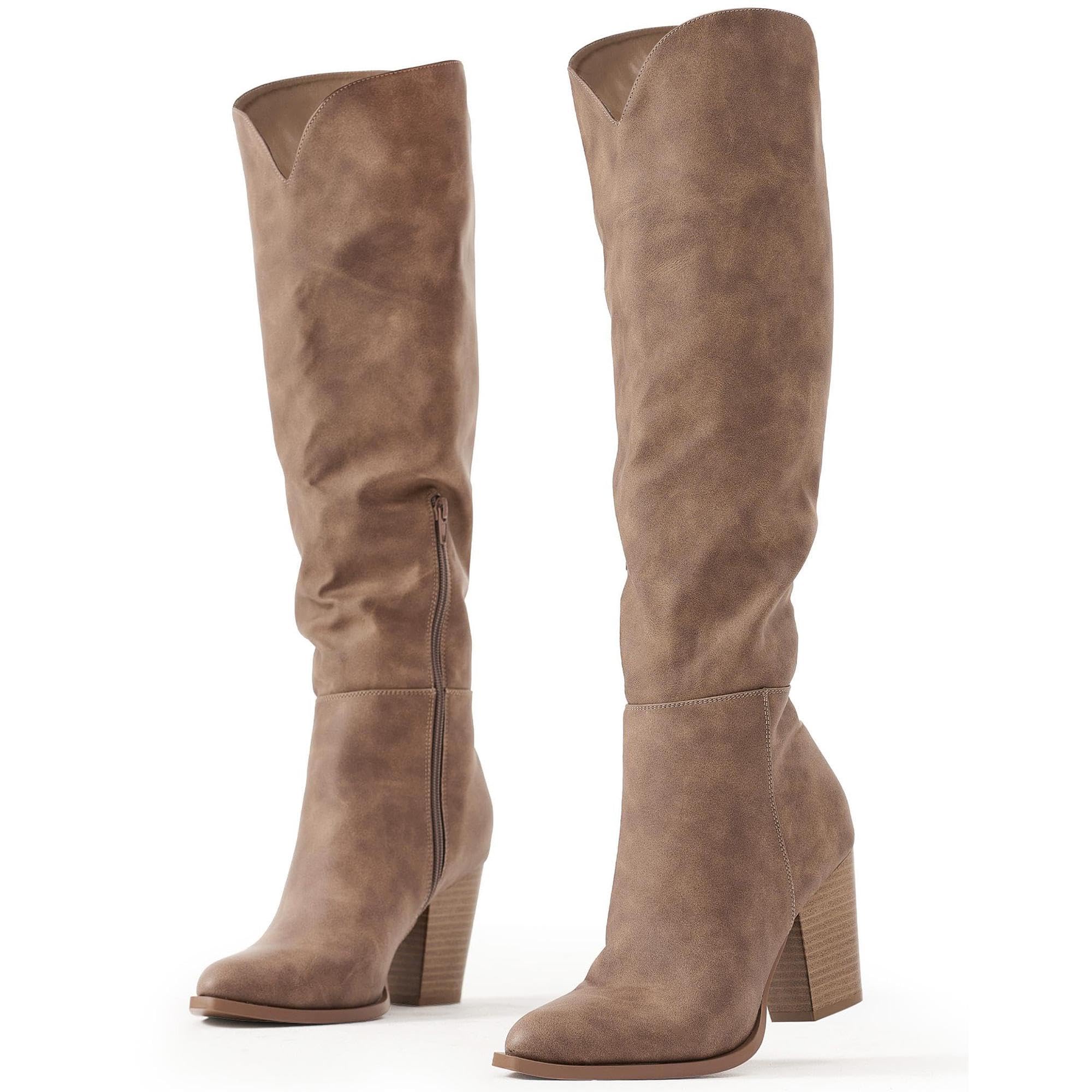 Photo 1 of Putu Womens's Knee High Boots High Heel Western Boots Pointed Toe Tall Boots Faux Leather Brown 10